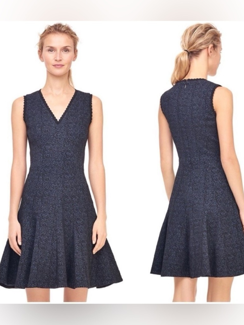 Rebecca Taylor Rose Jacquard Blue Black Sleeveless V-Neck Fit & Flare Dress